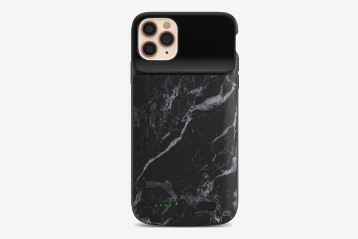 Picture shows an iPhone 11 Pro phone in a black marble Casely Power 2.0 battery case