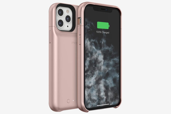 Picture shows an iPhone 11 Pro in a Mophie Juice Pack Access battery case in metallic pink