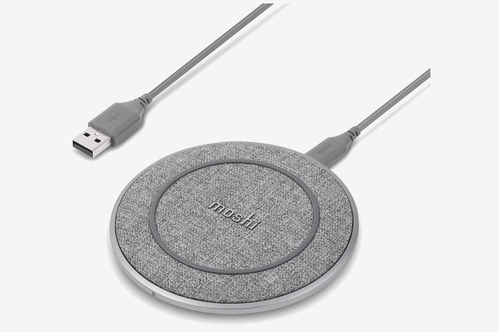 Photo shows a grey fabric Moshi Otto Q Wireless Charging Pad with cable