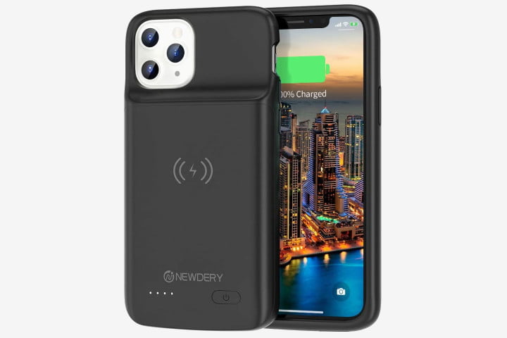 Photo shows the front and back of an iPhone 11 Pro in a black Newdery Battery Case