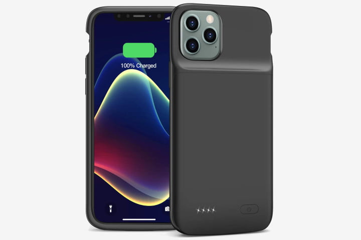 Photo shows front and back of an iPhone 11 Pro in a black Smiphee battery case