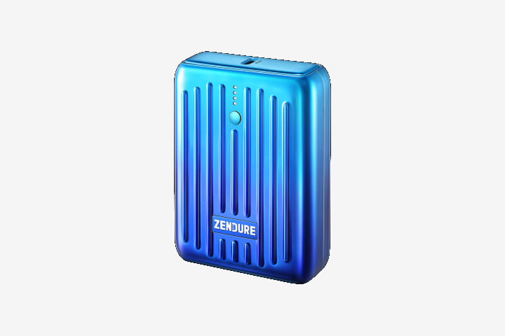 Picture of a bright blue Zendure SuperMini Power Bank for charging mobile phones and other devices